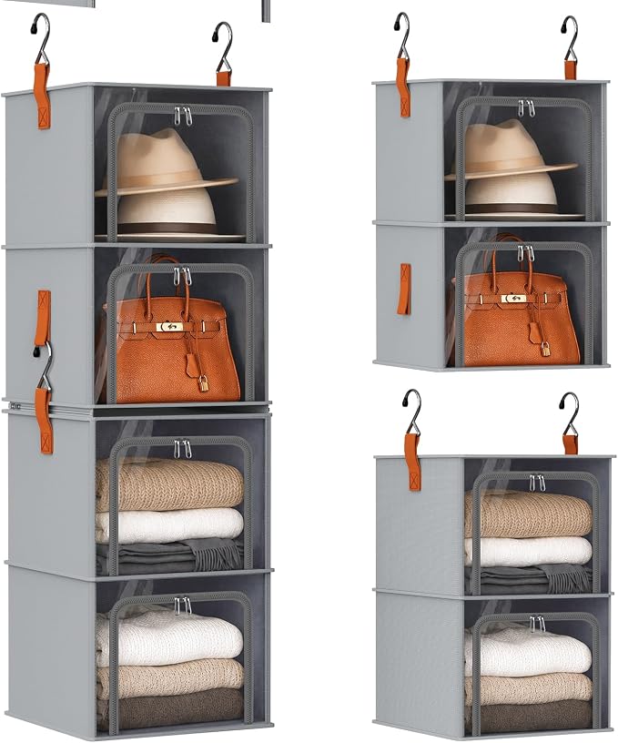 Homsorout 4-Tier Modular Hanging Closet Organizer Shelves Grey | 40.9" Height, 2+2 Modular Design, Vertical Closet Storage, Clear Window, Easy Access, Walk-in Closet, Bedroom, Nursery, RV by Homsorout