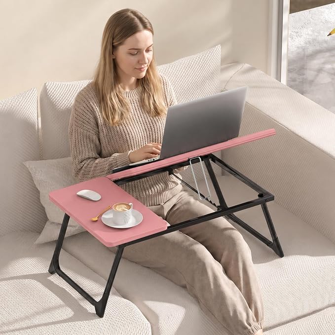 Laptop Bed Desk, 5-Angle Adjustable Bed Laptop Table with Cup Holder | Foldable Laptop Stand for Couch & Sofa, Portable Laptop Tray for Adults Writing Reading Eating, Pink - Image 6