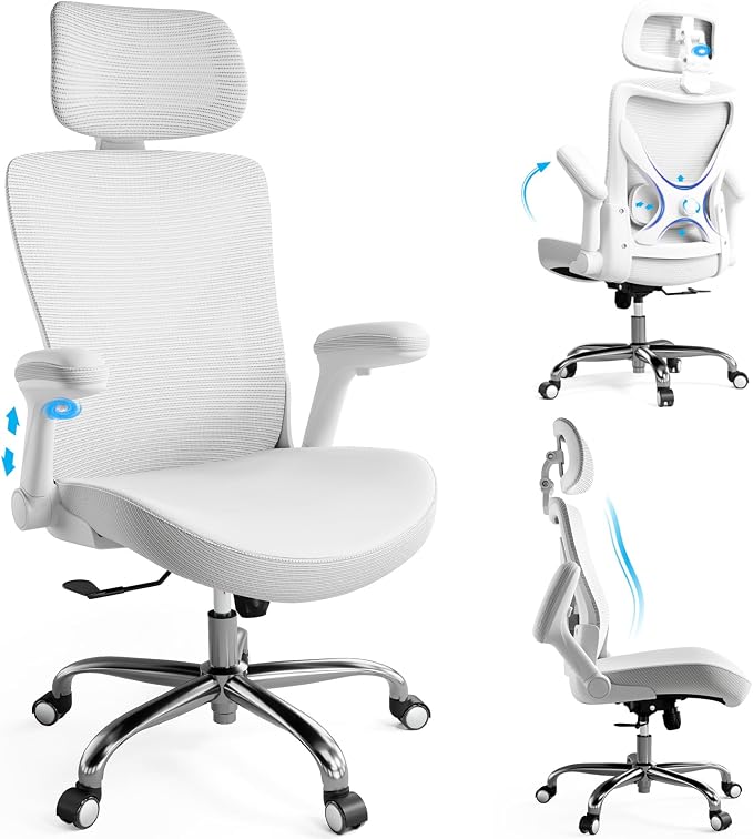 Ergonomic Office Chair:Home Office Desk Chairs with Headrest Lumbar Support | Ergalithic Ergonomic Desk Chair X-Shaped Mesh PU Leather Executive Computer Chair High Back Flip-Up Arms for Long Hour by Ergalithic