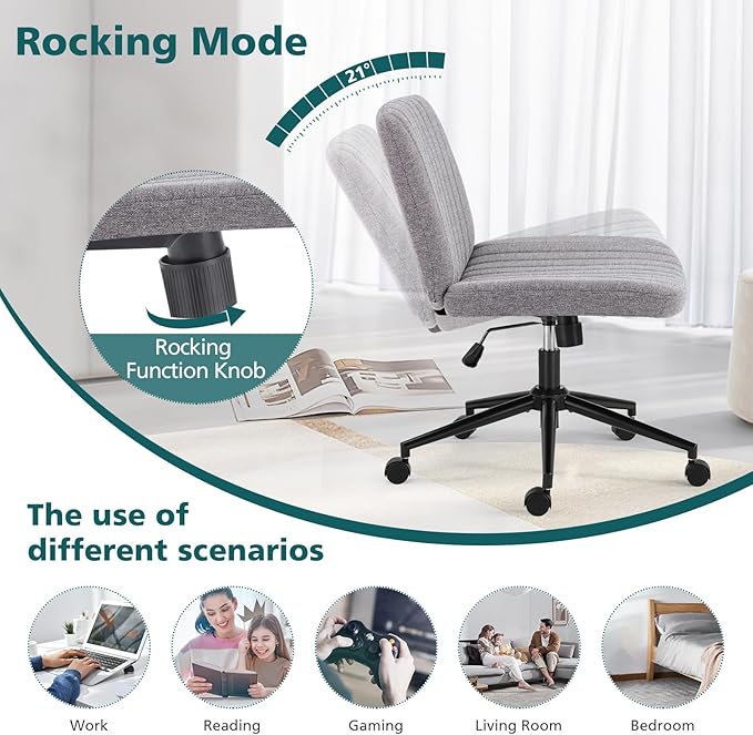 OLIXIS Criss Cross Chair with Wheels, Vanity Chair, Home Office Desk | Wide Seat Armless, Comfy Fabric, Height Adjustable Swivel Rolling, Home Computer Task Seating for Bedroom Study, Grey Fabric - Image 6