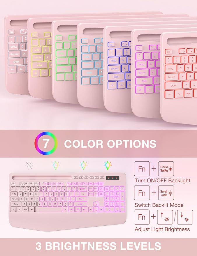 Wireless Keyboard and Mouse Combo, 9 Backlit Effects, RGB, 2.4GHz | Ergonomic Wrist Rest, Phone Holder, Rechargeable, Full Size, KM22 MAX Silent Set for Computer, Laptop, Mac, Windows (Pink) - Image 8