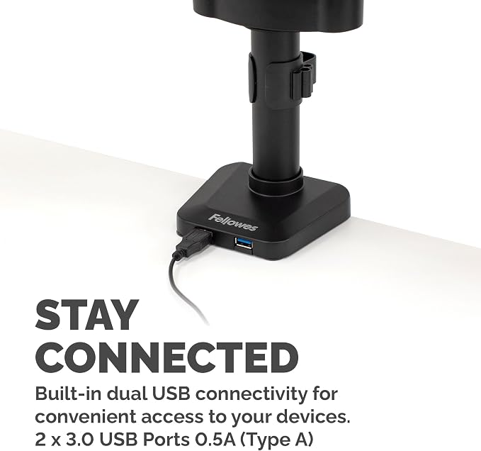 Fellowes Platinum Series Triple Monitor Arm for 27-Inch Monitors, Full Motion, 360° Rotation, VESA Mount with Grommet or Clamp, USB Ports, Ergonomic, Black, 8042601 - Image 6