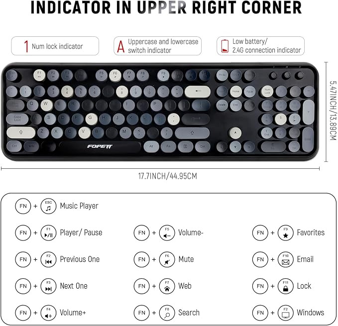 Wireless Keyboard and Mouse Combo - 2.4G Full-Sized Cute Colorful Retro Keyboard with Round Keycaps 104 Keys Typewriter Keyboard for Laptop/Windows/PC - Grey Colorful - Image 5