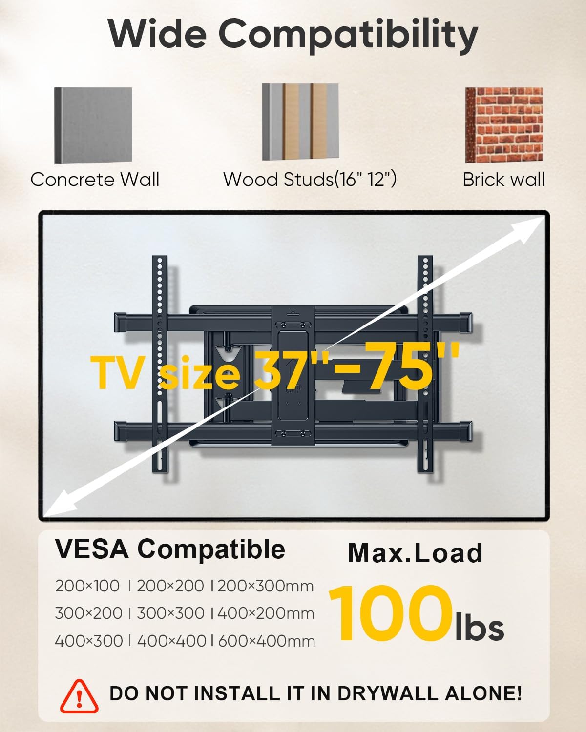 FORGING MOUNT Long Arm TV Mount for Most 37-75 Inch TVs up to 100lbs - Image 3