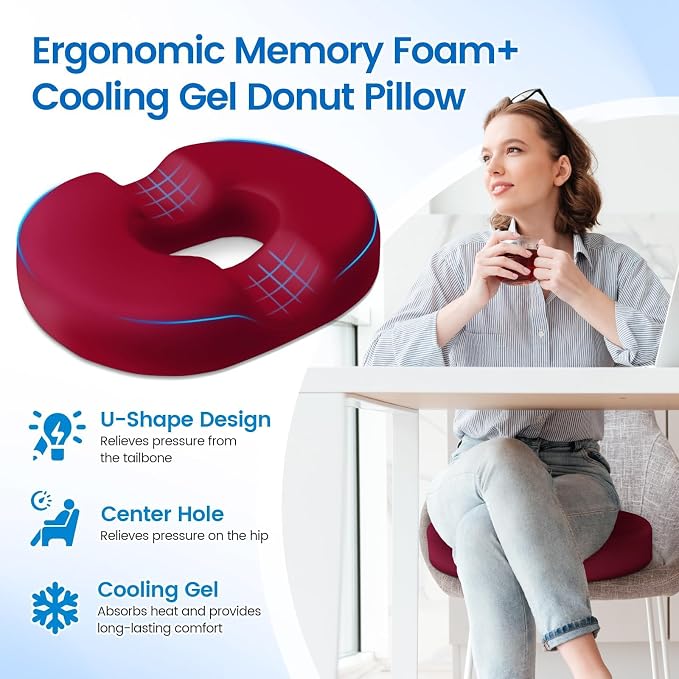 Donut Pillow Seat Cushion, Cooling Gel Memory Foam Chair Cushion, Red | Office, Home & Car Seat Cushion, Butt Pillow for Tailbone Pain Relief, Hemorrhoids and Everyday Sitting Comfort - Image 3