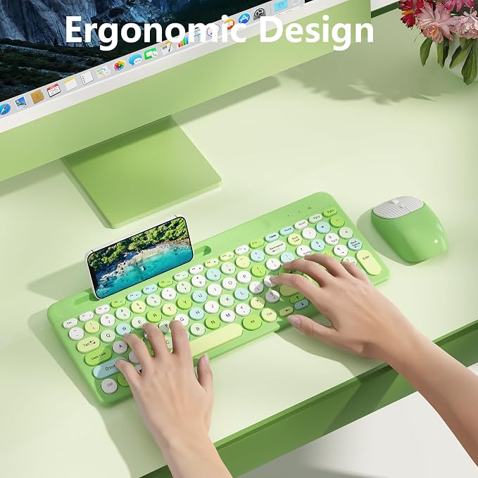 Retro Wireless Keyboard and Mouse Combo, Full-Size USB Keyboard with Round Keycaps, 2.4GHz Wireless for Desktop, Laptop and Computer (Green-Colorful) - Image 5