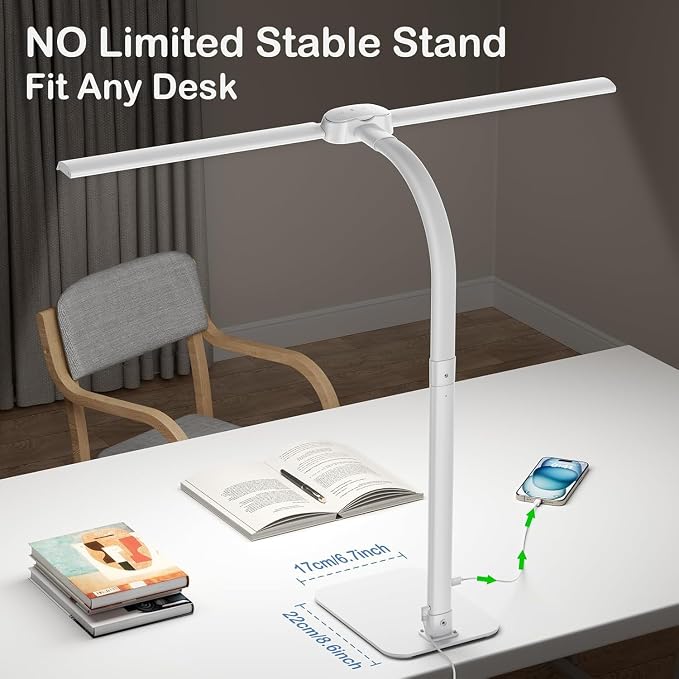 24W LED Desk Lamp for Home Office, 1500lm Dual Head Task Light with Remote | Tall Architect Lamps for Reading, USB Charging Port, Eye Caring, Dimmable 5 Color Modes, Adjustable Gooseneck, Timer, Base - Image 5