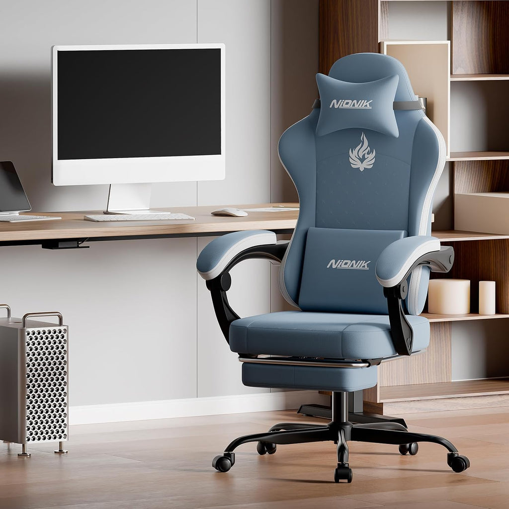 Gaming Chair with Massage,Ergonomic PC Gaming Chair Computer Chairs with Footrest Comfortable Headrest and Lumbar Support, High Back BLUENWHITE - Image 2