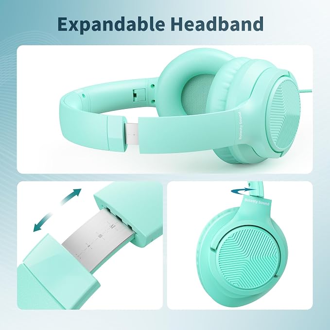 Botesty Sound Headphones Wired with Microphone, Over Ear Foldable 3.5mm Plug in Headphones Corded with 4.9ft Tangle-Free Nylon Cord for Tablet, Laptop, MP3/4, School, Airplane Travel (Green) - Image 3