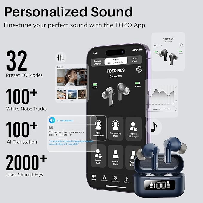 TOZO Hybrid Active Noise Cancelling in Ear Wireless Earbuds, 68H Playtime | 6 Mics AI Clear Calls, LED Display, 32 Preset EQs App, Bluetooth 5.3 Headphones, IPX8 Waterproof, Comfort Fit Ear Buds Blue - Image 6
