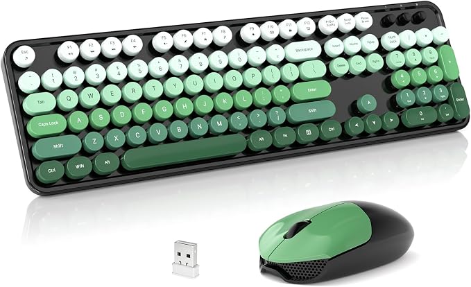 Wireless Keyboard and Mouse Combo, 2.4GHz Retro Full-Size Typewriter Keyboard with Number Pad and Wireless Mouse for PC/Laptop/Desktop/Windows (Black Green) by Unknown