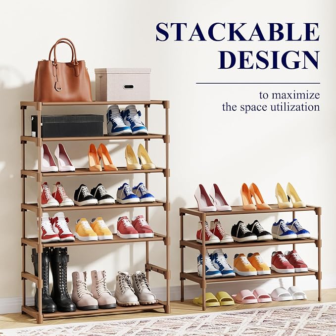Kitsure Shoe Rack - Non-Woven Shoe Rack Shelf, 27.5" Wide - 3 Tier, Brown | Shoe Organizer for Closet, Entryway, Garage, Stackable Shoe Shelves, college dorm&apartment essentials - Image 6