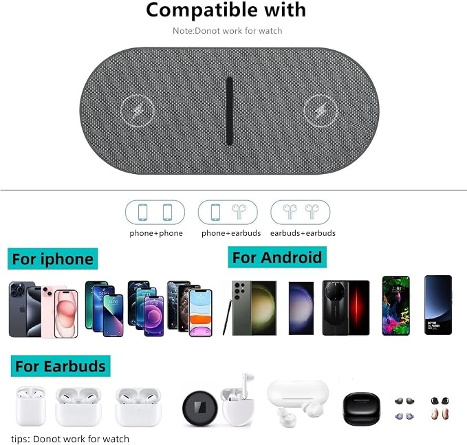 40W Wireless Charging Pad, Dual 20W Fast Wireless Charging Mat for iPhone 16 15 14 13 12 11/Pro/Pro Max/SE/X/XS,Apple Airpods 4/3/Pro,15W Wireless Charger Station for Samsung Galaxy/Note/Bud+ - Image 3