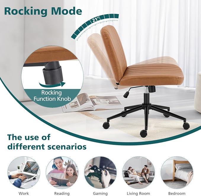 OLIXIS Criss Cross Chair with Wheels, Vanity Chair, Home Office Desk | Wide Seat Armless, Faux Leather, Height Adjustable Swivel Rolling, Home Computer Task Seating for Bedroom Study, Brown PU - Image 5