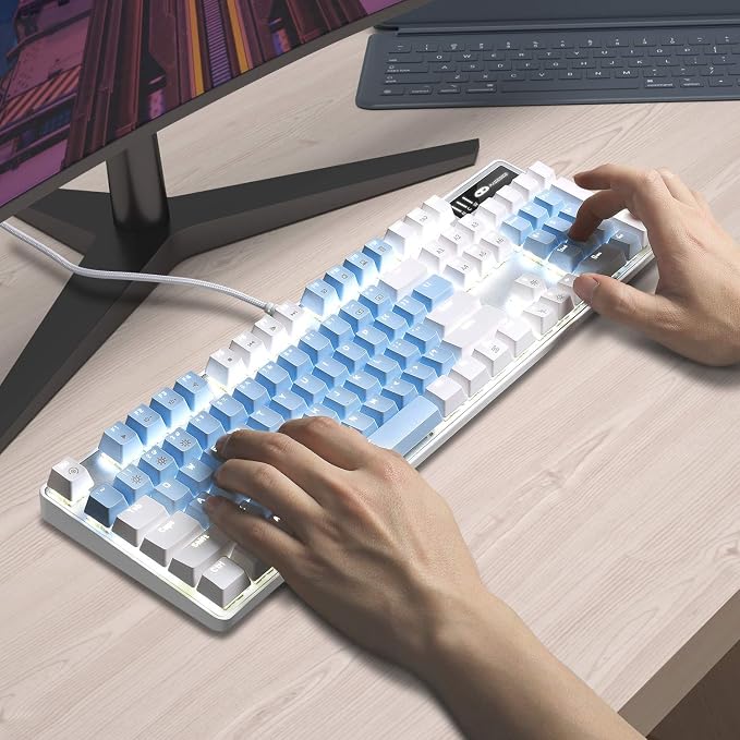 MageGee Mechanical Gaming Keyboard, 104 Keys White Backlit Mechanical Keyboards with Red Switches & Double-Shot Keycaps, Wired Ergonomic Computer Keyboard for Desktop, PC Gamers (White & Blue) - Image 7
