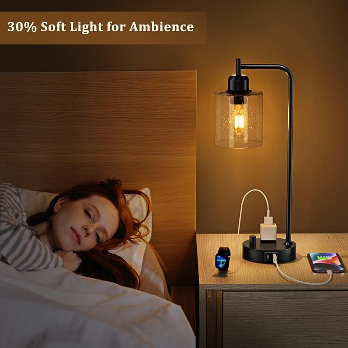 Industrial Desk Lamp, Fully Dimmable Small Bedside Table Lamp, Black, USB C | Glass Shade, USB C+A Charging Port & Outlet, Lamps for Bedroom, Night Stand, Home Office, Living Room - Image 4