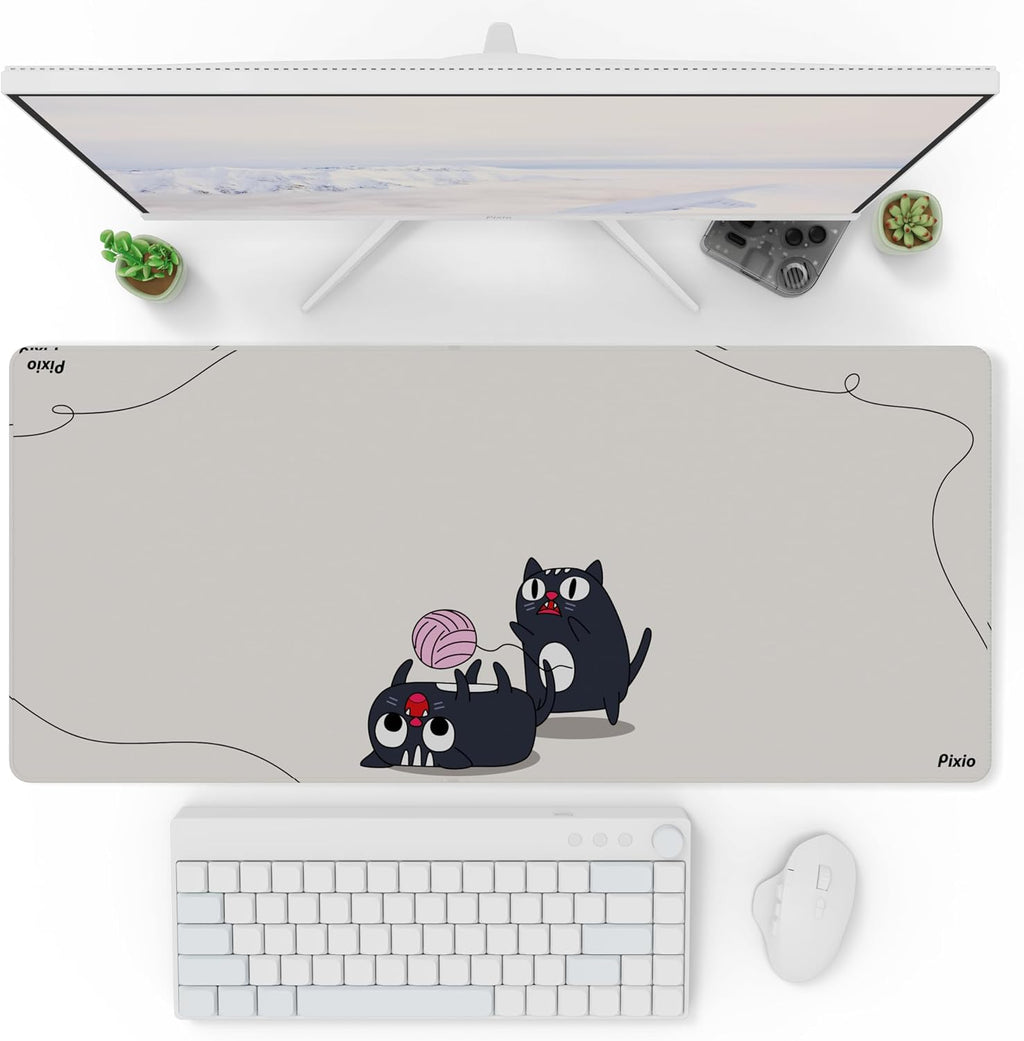 Pixio Mouse Pads - 36 x 16 inch XXL Playful Cats (Center) Beige Multifunctional Large Desk Mats for Gaming, Office, Desktop Anti-Slip Waterproof Washable Computer Mouse Mat by Pixio