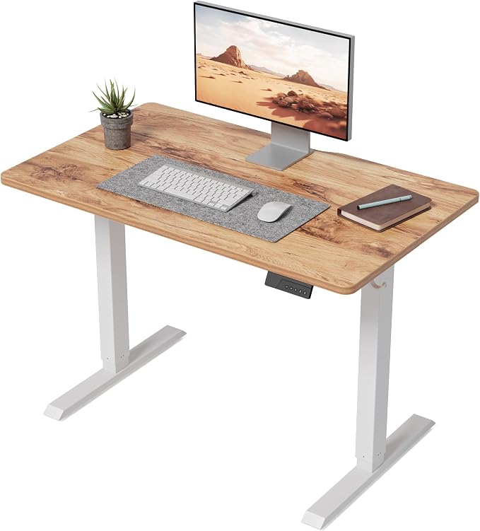 DESINO Standing Desk, 40 × 24 Inches Electric Height Adjustable, Sit and Stand Up, Computer Office Desk with Splice Board, White Frame/Light Rustic TOP by DESINO