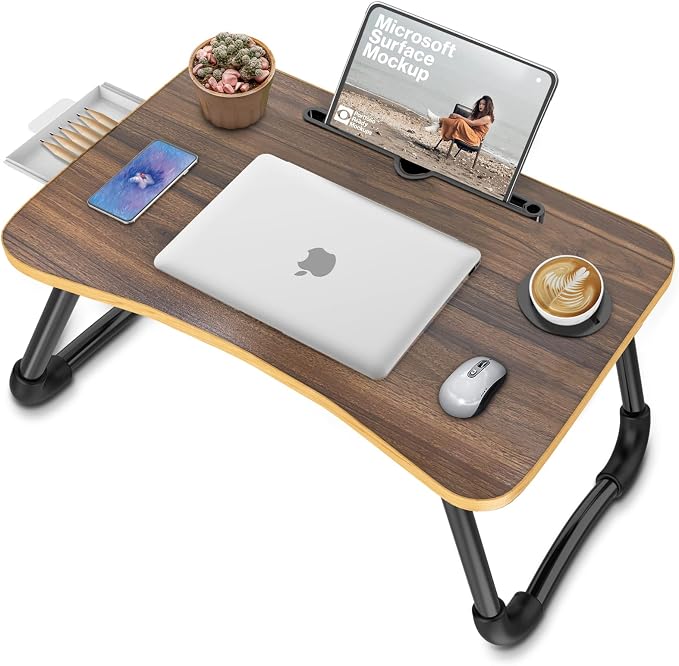Zapuno Foldable Laptop Bed Table Multi-Function Lap Bed Tray Table with Storage Drawer and Water Bottle Holder, Serving Tray Dining Table with Slot for Eating, Working on Bed/Couch/Sofa - Image 7