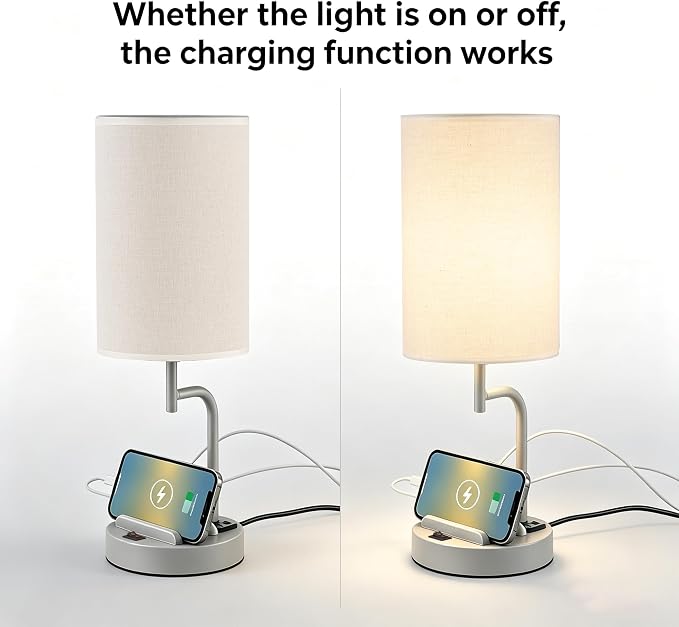 Dreamholder 2 Pack Table Lamp, Bedside Lamp with 3 USB Charging Ports & AC Outlet, USB Desk Lamp with 2 Phone Holders, Linen Fabric Shade Nightstand Lamps for Bedroom Living Room Office, Gray - Image 3