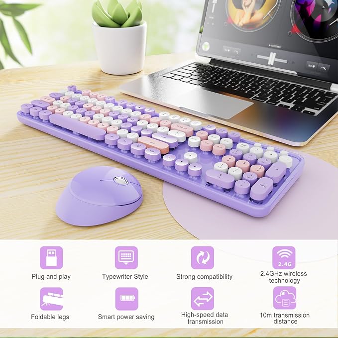 SkyGive Wireless Keyboard and Mouse Combo, Ergonomic Full Size Typewriter Retro Round Keycaps Keyboard, Compatible with Windows, PC, Perfer for Home and Office Keyboards (Lavender Purple - Image 3