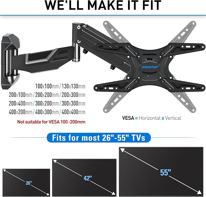 MOUNTUP Height Adjustable TV Wall Mount for 26-55 Inch TVs, Spring Arm Full Motion Articulating TV Bracket Mount with Smooth Swivel Tilt & Safe Corner Installation, 400x400mm VESA, 11-66 lbs - Image 4