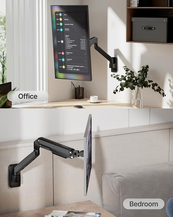 monTEK Single Monitor Wall Mount, Wobble-Free Spring, 17–32" Full Motion | Zero Clearance Wall Mount Retracts To 3.8" From Wall, Wobble-Free Mechanical Spring, Fits Wood, Brick & Concrete Walls - Image 7