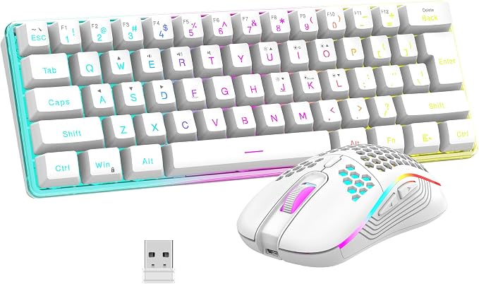 RedThunder 60% Wireless Gaming Keyboard and Mouse Combo, 2500mAh Rechargeable Battery, Ultra-Compact Small RGB Mechanical Feel Keyboard, Lightweight Honeycomb Optical Mouse for Gaming/Business, White by RedThunder