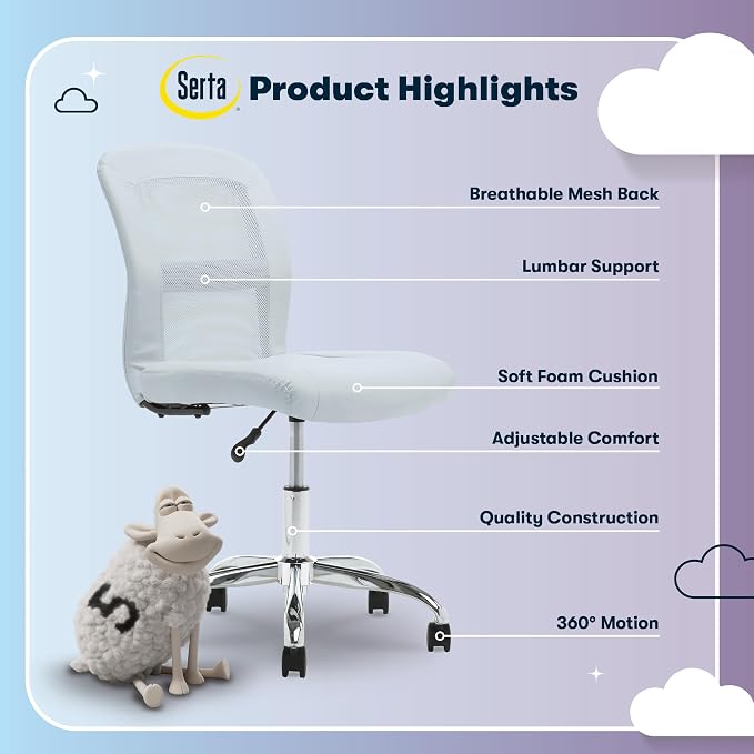 Serta Armless Small Home Desk Chair with Wheel, Ergonomic Mesh Office Chair | Essentials, Leather & Foam Cushioned Seat, Adjustable Height, Vanity Chair for Bedroom & Small Space, 360° Swivel, Sky Blue - Image 4