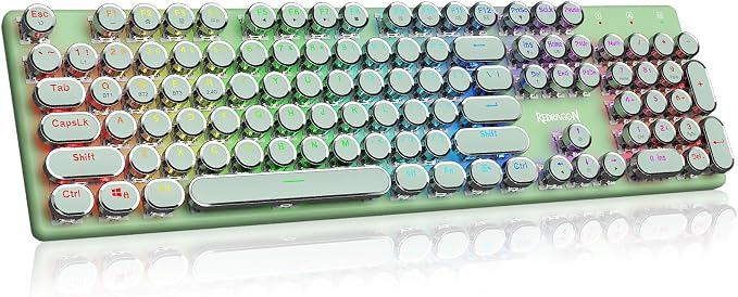 Redragon K710 Wireless Typewriter Mechanical Gaming Keyboard, Green | Bluetooth/2.4Ghz/Wired, RGB Led Backlit, Blue Switch - Clicky, Rechargeable 4000mAh, Solid Metal Panel, Round Keycaps by REDRAGON