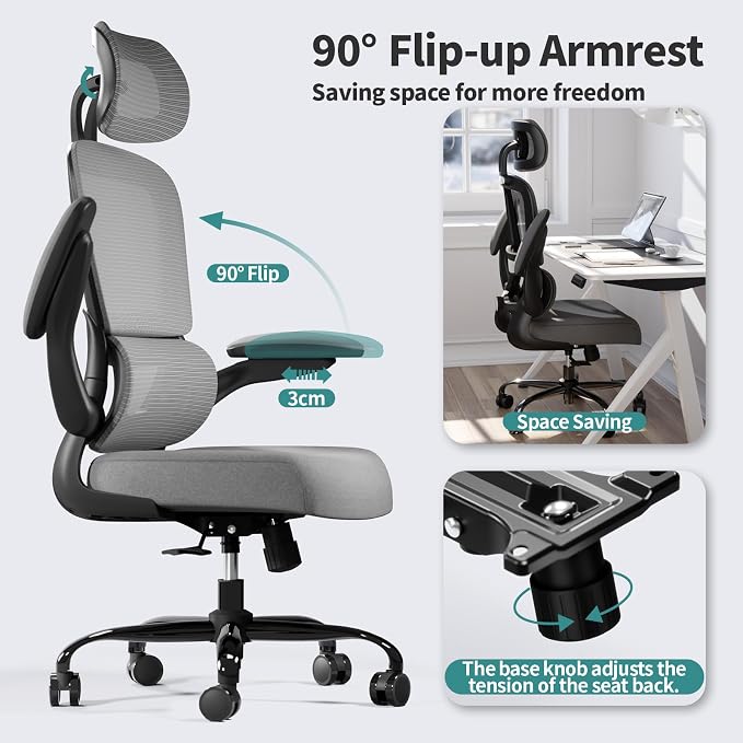 TRALT Office Chair Ergonomic Desk Chair - Gaming Chair with Lumbar Support | 330 LBS Home Office Desk Chairs with Headrest, Reading Chair with Flip-up Armrests, Comfortable Computer Chairs (1, Grey) - Image 5