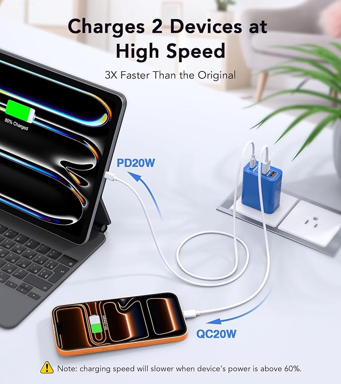 [2-Pack] 40W USB C Charger Block, 4-Port Type C Fast Charging Brick Dual PD&QC Wall Plug Adapter Power Brick for iPhone 13/14/15/16/17/Pro/Pro Max/Plus/iPad/Airpods/iwatch/Samsung Galaxy (Blue) - Image 3