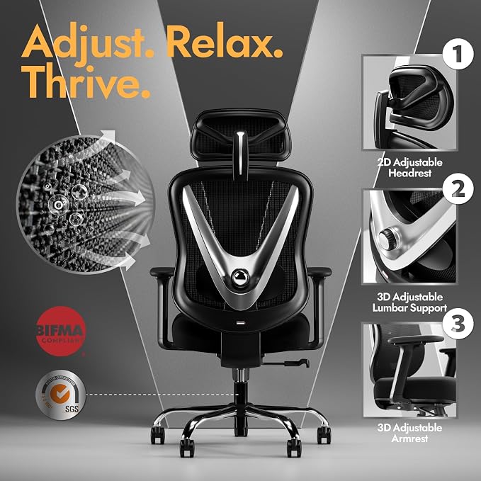 Ergonomic Mesh Office Chair - 3D Adjustable Lumbar Support & 3D Armrests, V-Shaped Back, Adjustable Desk Chair for Office & Home, Black - Image 4