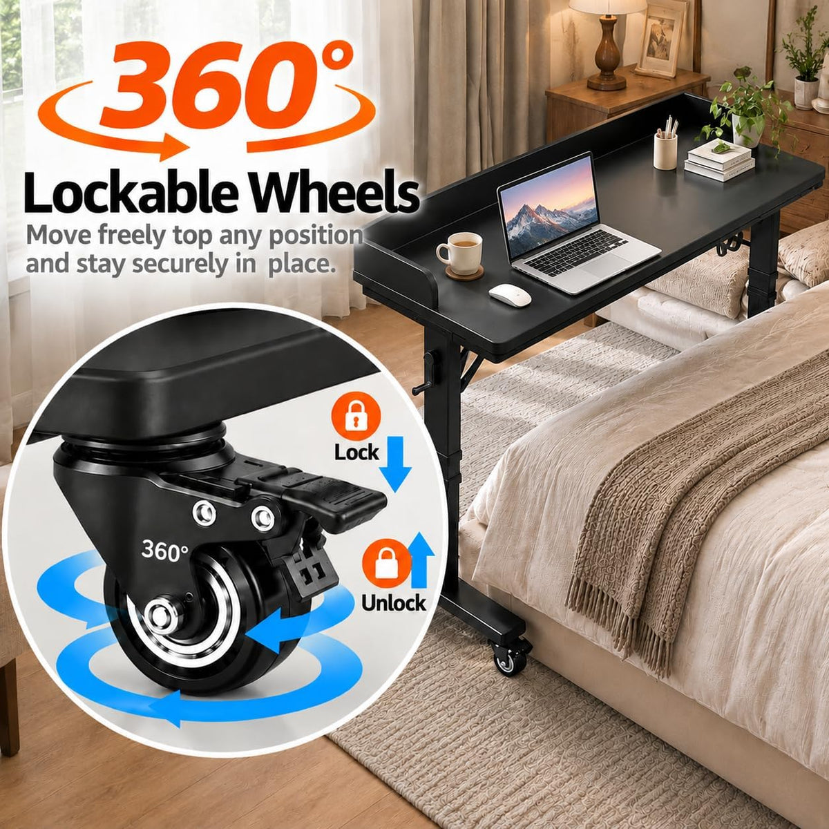 70.9" Overbed Table with Wheels, Hand Crank Height Adjustment - Image 4
