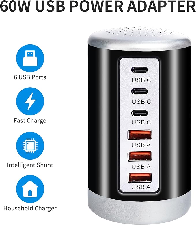 60W USB Charging Station, 6-Port (3 USB-A & 3 USB-C) Compatible with iPhone 15/14/13/12/11, Tablets, Smartphones Black - Image 5