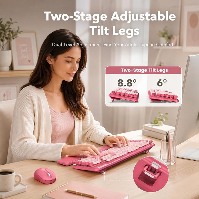 Wireless Keyboard and Mouse Combo, Round Keycaps, Magnetic Wrist Rest, Pink | Full-Size Retro Typewriter-Style Keyboard, Tilt Legs, Auto Sleep, 2.4GHz Cordless for MacOS, Windows PC, Laptop, SABLUTE CK23 - Image 4