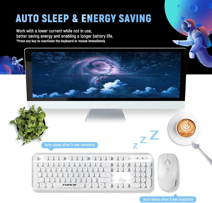 Wireless Keyboard and Mouse Combo - 2.4G Full-Sized White Keyboard with Round Keycaps 104 Keys Typewriter Keyboard for Laptop/Windows/PC - White - Image 2