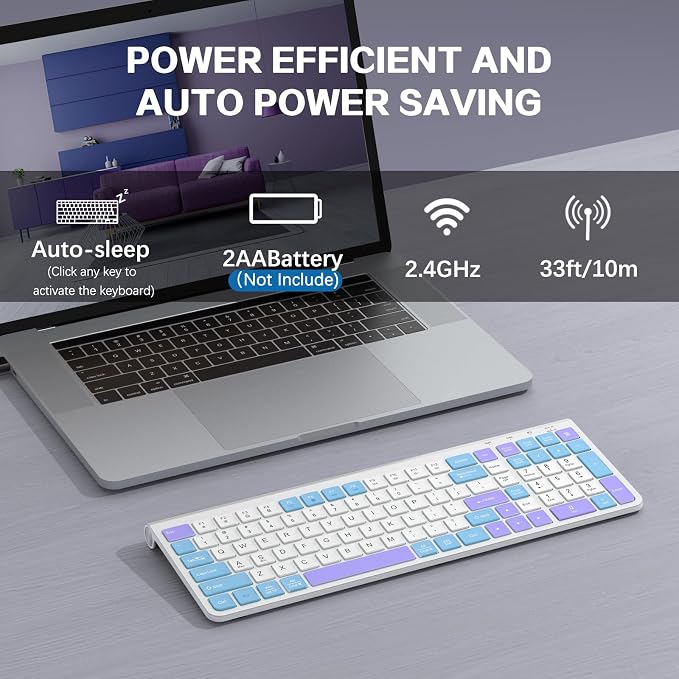 GAMCATZ Colorful Wireless Keyboard with Low-Profile Keys-Soft Touch,Cute,Quiet Design,Windows & Mac OS，Office Cordless Slient Computer Keyboard for Desktop,Laptop, PC, Mac, Windows-Purple Blue White - Image 7