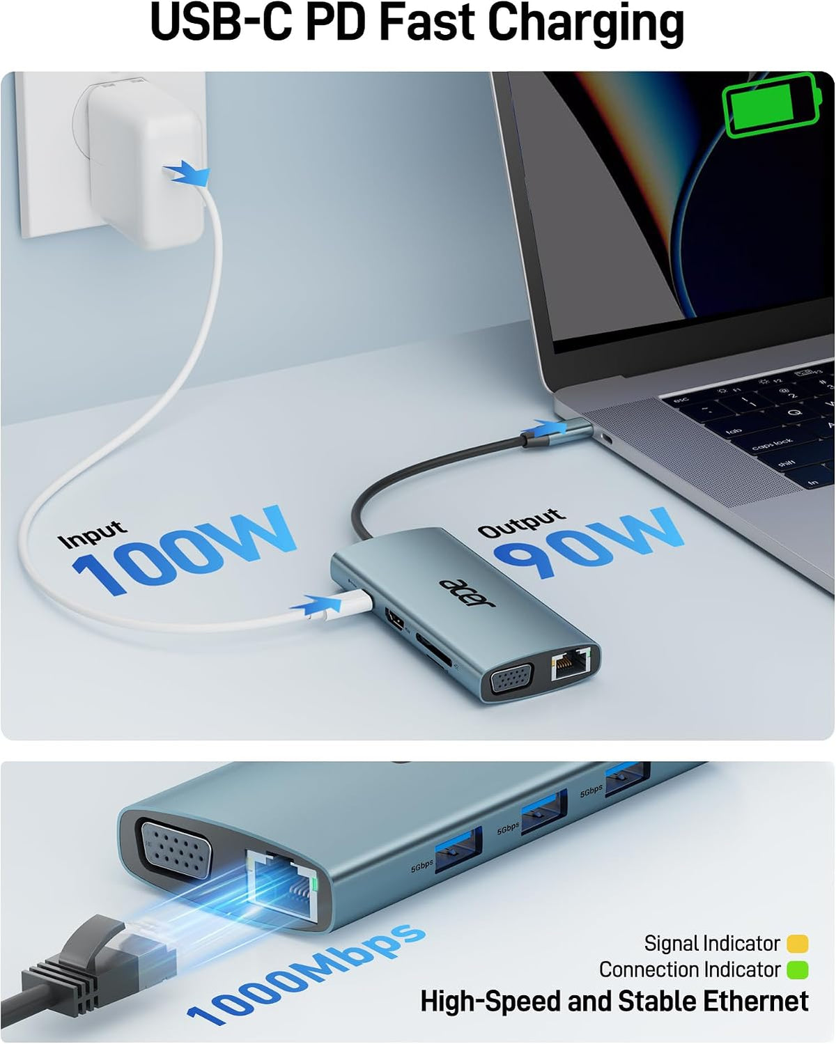 Acer USB C Hub with 4K HDMI, 9-in-1 Laptop Docking Station with 1080P VGA - Image 4