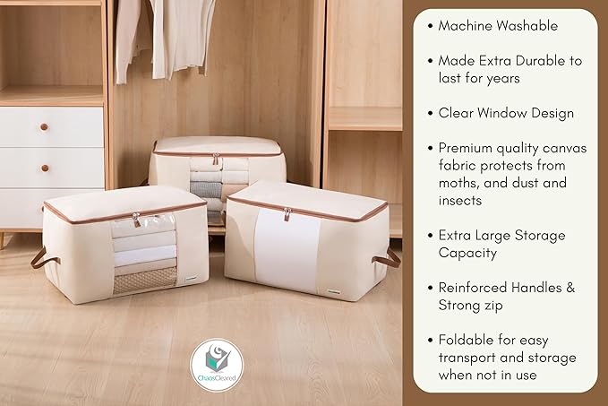 Chaos Cleared Canvas Storage Bags Designer Organizer for Comforters 2 Pack – Seasonal Storage for Pillows, Blankets, Linens & Garments – Foldable Design with Zip & Window, Moth-Proof Space Saver - Image 7