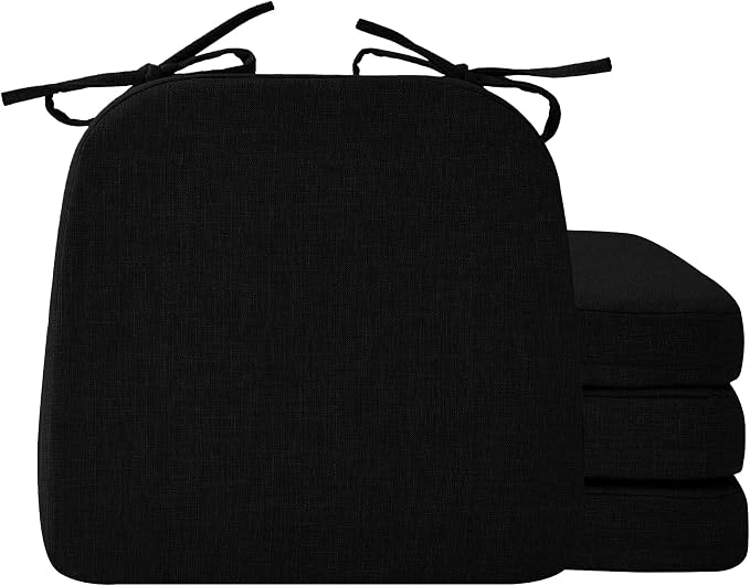 Ruqmuis Chair Cushions for Dining Chairs, 2" Thick Seat Cushions for Kitchen Chairs, D-Shaped Chair Pads with Washable Cover, Ties and Non Slip Backing, 17'' x 16'', Set of 4, Black by Ruqmuis