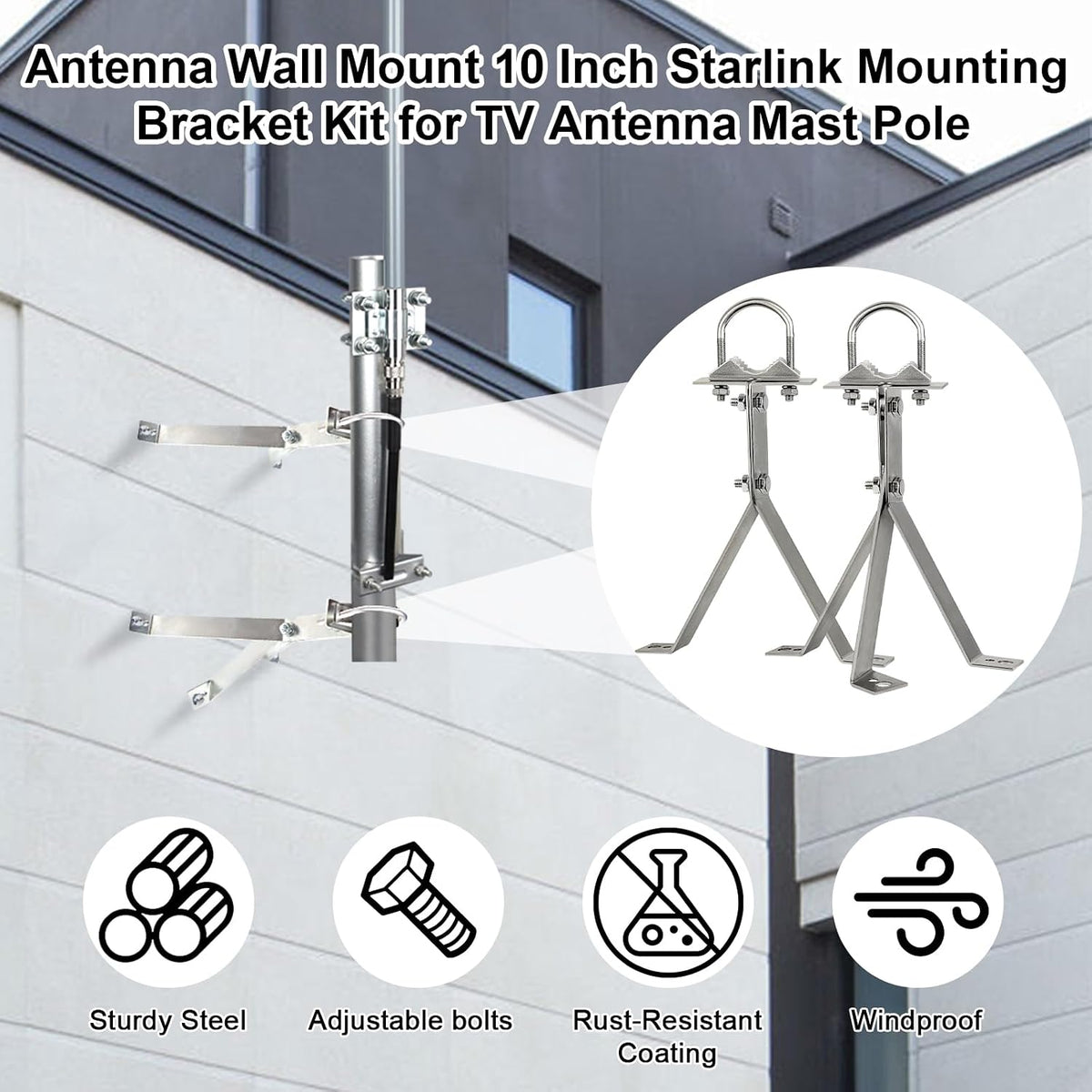 XRDS-RF Antenna Wall Mount - 10 Inch Heavy-Duty Stand Off Wall Mast Mount Windproof Mounting Bracket for TV Antenna Mast (2-Leg + 3-Leg) - Image 7