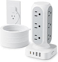 Flat Plug Power Strip Tower, TenTrend 40W Total Fast Charging Station, 15FT | 12 AC Outlets & 8 USB Ports (4 USB C), Dual PD 20W, 10FT Extension Cord for Desk Office Dorm Room by TenTrend
