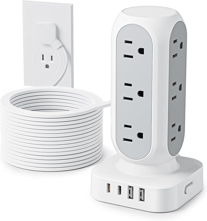 Flat Plug Power Strip Tower, TenTrend 40W Total Fast Charging Station, 15FT | 12 AC Outlets & 8 USB Ports (4 USB C), Dual PD 20W, 10FT Extension Cord for Desk Office Dorm Room by TenTrend