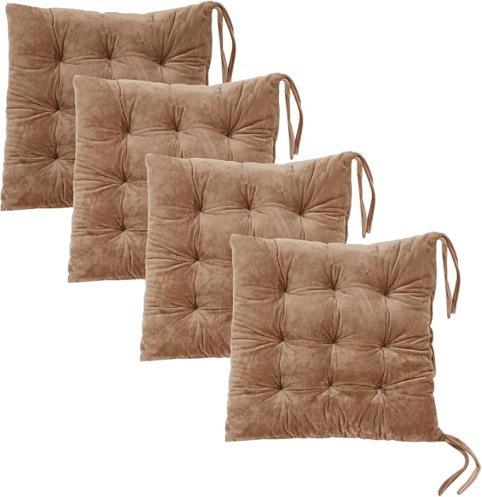 Set of 4 Square Chair Pads Indoor Seat Cushions Pillows with Ties Soft Comfortable Non Slip Chair Mat for Kitchen Dining Office Desk Living Room Outdoor Tatami 15.5" - Khaki by MissSoul