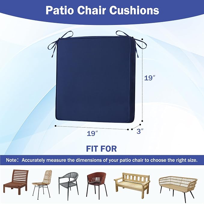 IASEAHK Patio Chair Cushions, 19" x 19" x 3" Outdoor Chair Cushions Set of 4, Waterproof Outdoor Cushions for Patio Furniture, Outdoors Seat Cushions with Handle and Ties, Navy Blue - Image 2