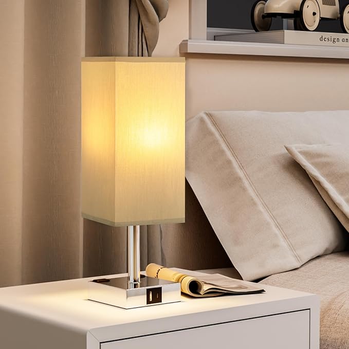 Set of 2 Grey Touch Table Lamp for Bedroom, Dimmable, USB C+A, 2 AC Outlets | 3-Way Dimming, 3000K Bulb Included, Square Grey Lampshade and Silver Base, Desk Lamp for Nightstand, Living Room, Dorm - Image 6