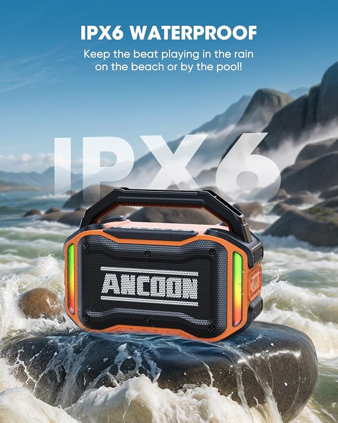 ANCOON Speakers Bluetooth Wireless: 80W(Peak) Loud Speaker with Bass, 20H Playtime, IPX6 Waterproof, Large Jobsite Speakers for Work, Outdoor, Workshop, Garage, Portable Speaker with TWS (Orange) - Image 3