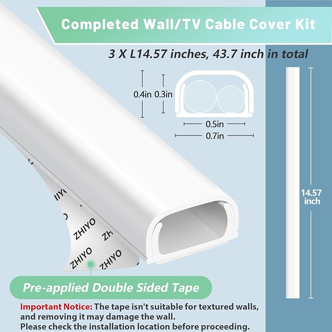 ZhiYo 43" Cord Covers for Wires on Wall, White Cord Hider, 0.7" W x 0.4" H | Fits 2 Cords, Premium Paintable Raceway for Wall-Mounted TV, Self-Adhesive Wire Hider for Extension Cords & Ethernet Cables - Image 3