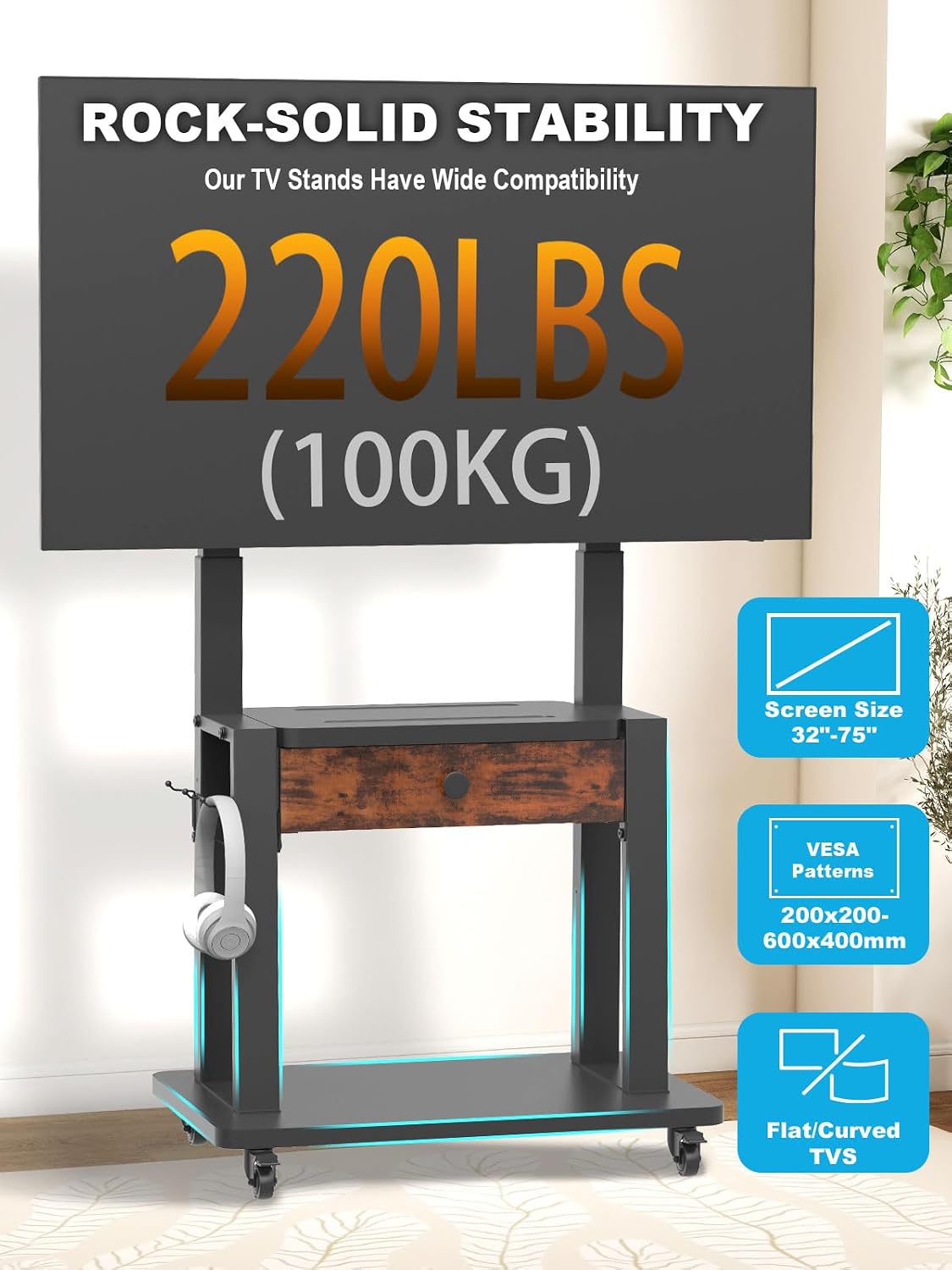 Rolling TV Stand with Fabric Drawer Storage for 32-75 Inch Flat/Curved Screen up to 220lbs LCD/LED/OLED Adjustable Height Mobile TV Cart with Wheels for Home Office Outdoor Max VESA 600x400mm - Image 6